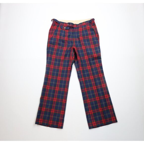Vtg 70s Streetwear Mens 32x28 Buckle Back Wool Bell Bottoms Chino Pants Plaid